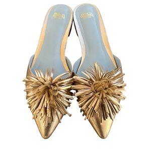 FRANCES VALENTINE Metallic Gold Leather Pompom Slip On Mules Shoes Size 8B
